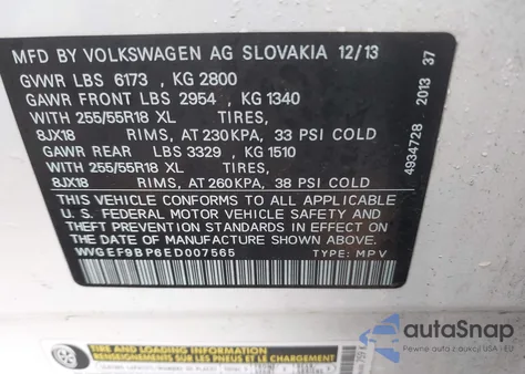 2014 Volkswagen Touareg 3.6L Sport из США, поврежденный, VIN WVGEF9BP6ED007565